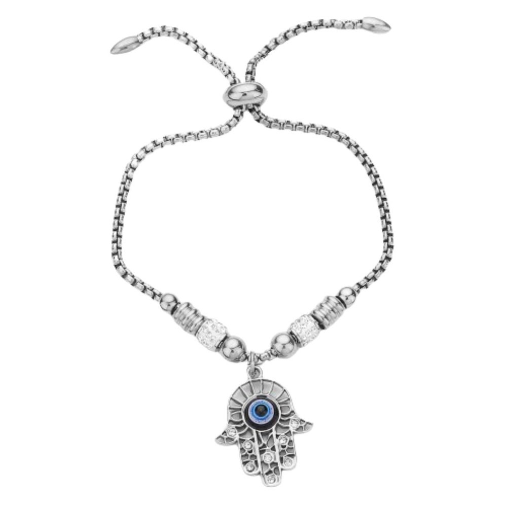 Stone Paved Evil Eye Pendant Pull Tie Cinch Hamsa Bracelet